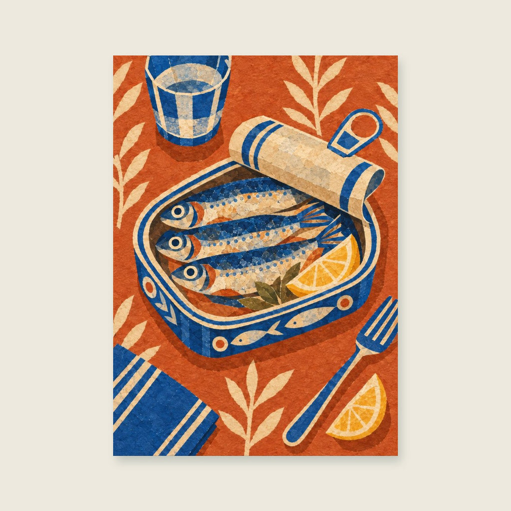 Open unbranded fish tin — Playful painted paper collage dining room art print