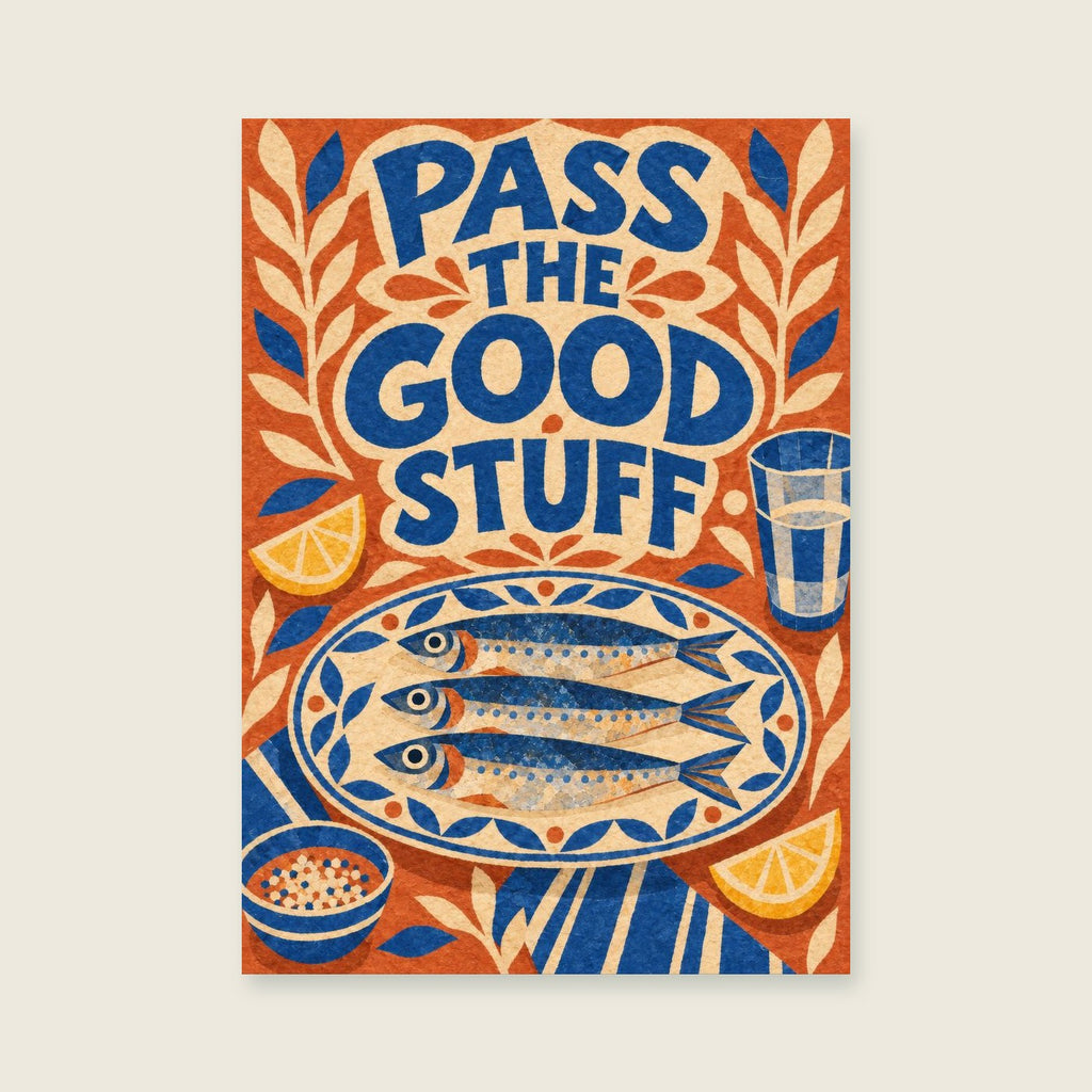 Pass The Good Stuff — Playful painted paper collage dining room art print