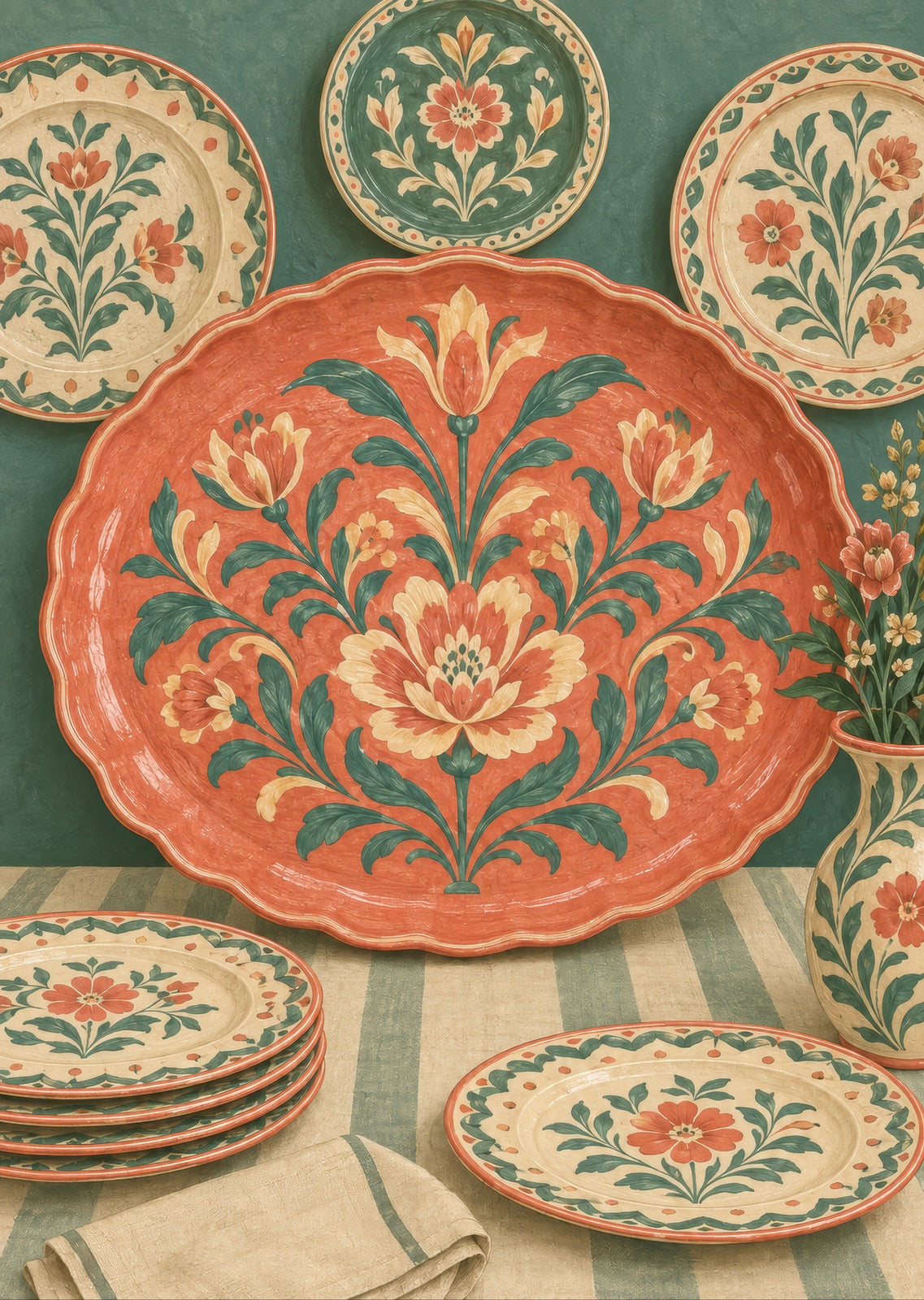 Large coral platter — artwork detail