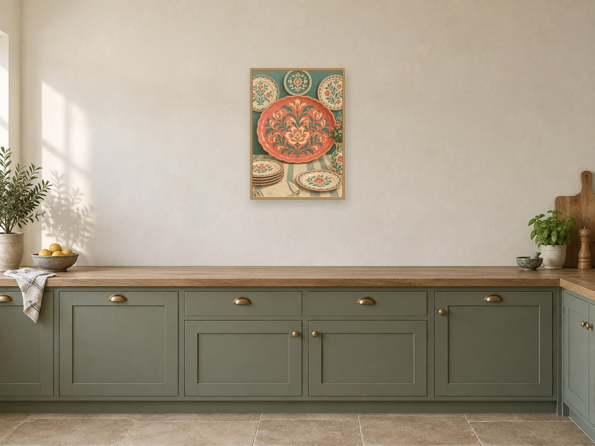 Large coral platter — A2 artwork shown in a room with a natural wood frame; select a framed finish to include a frame