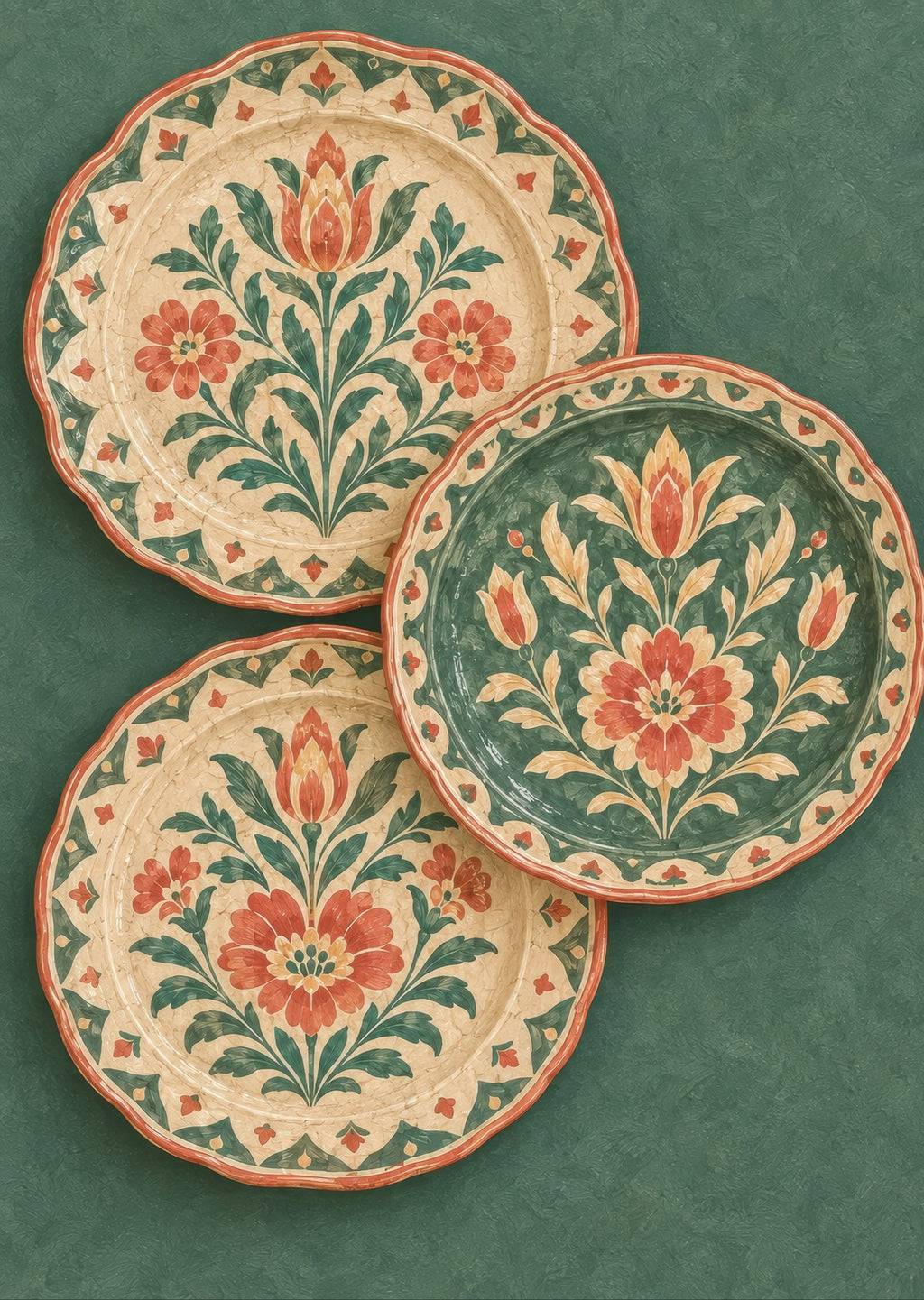 Three olive plates in an overlapping composition — artwork detail