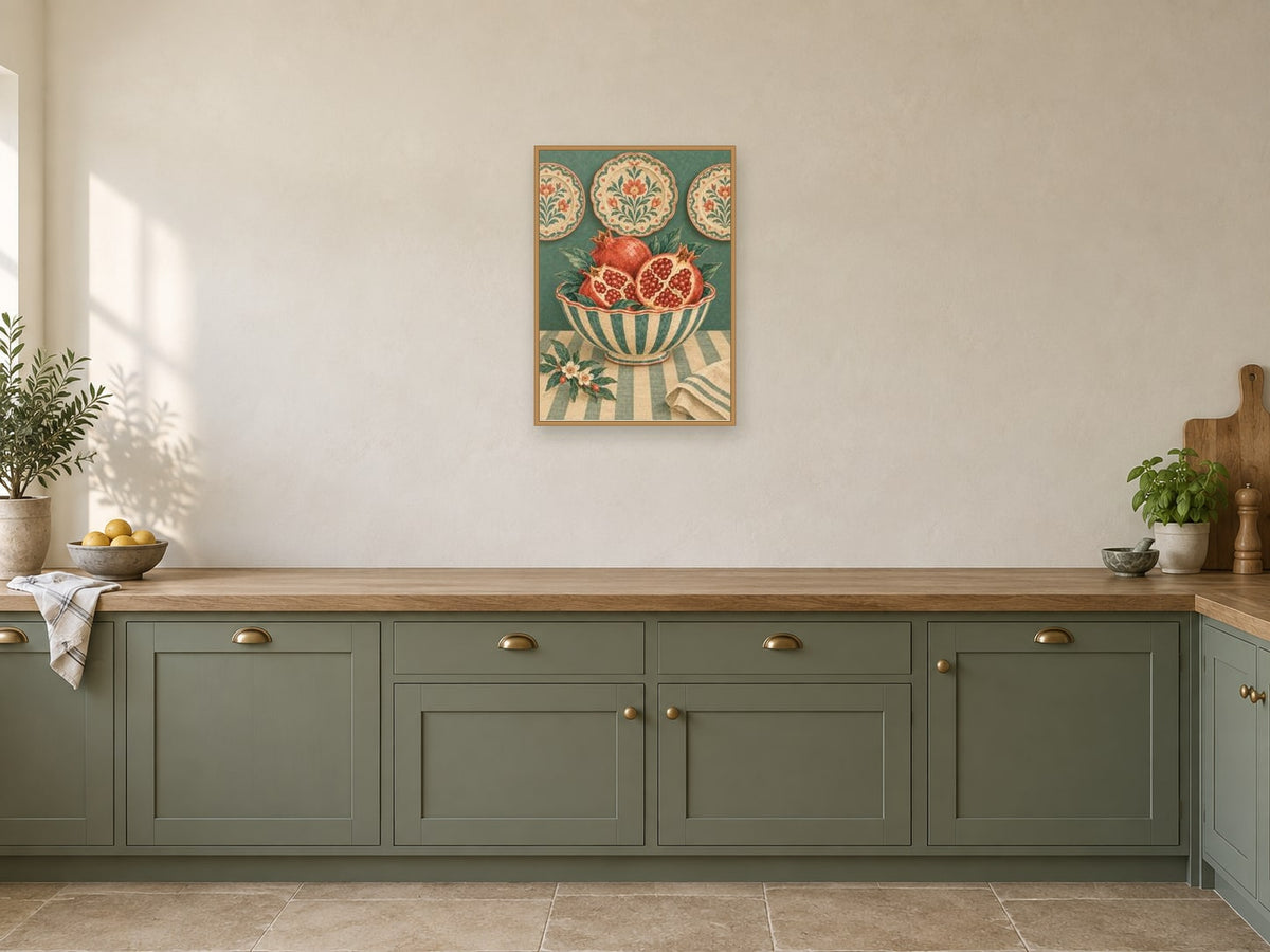 Blue striped bowl — A2 artwork shown in a room with a natural wood frame; select a framed finish to include a frame
