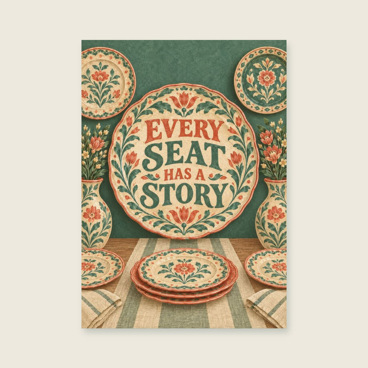 Every Seat Has A Story — Decorative ceramic illustration dining room art print