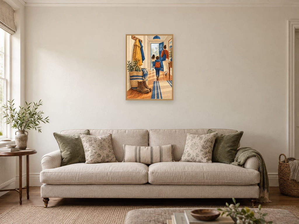 Woven market bag — A2 artwork shown in a room with a natural wood frame; select a framed finish to include a frame