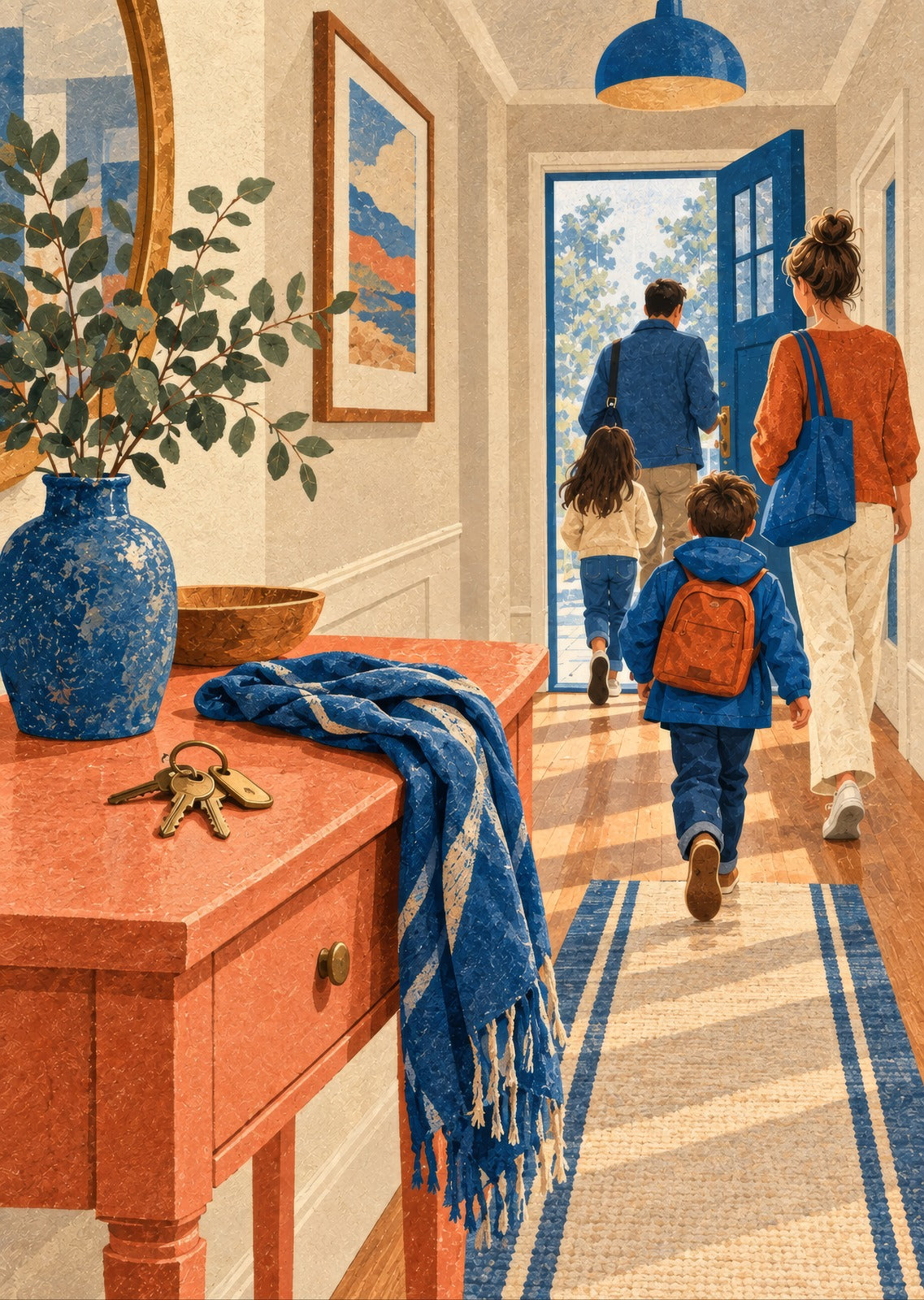 Plain keys and a scarf on a coral hallway table — artwork detail