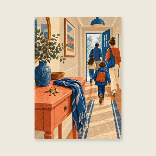 Einfache Schlüssel und ein Schal auf einem korallenfarbenen Flurtisch Kunstdruck