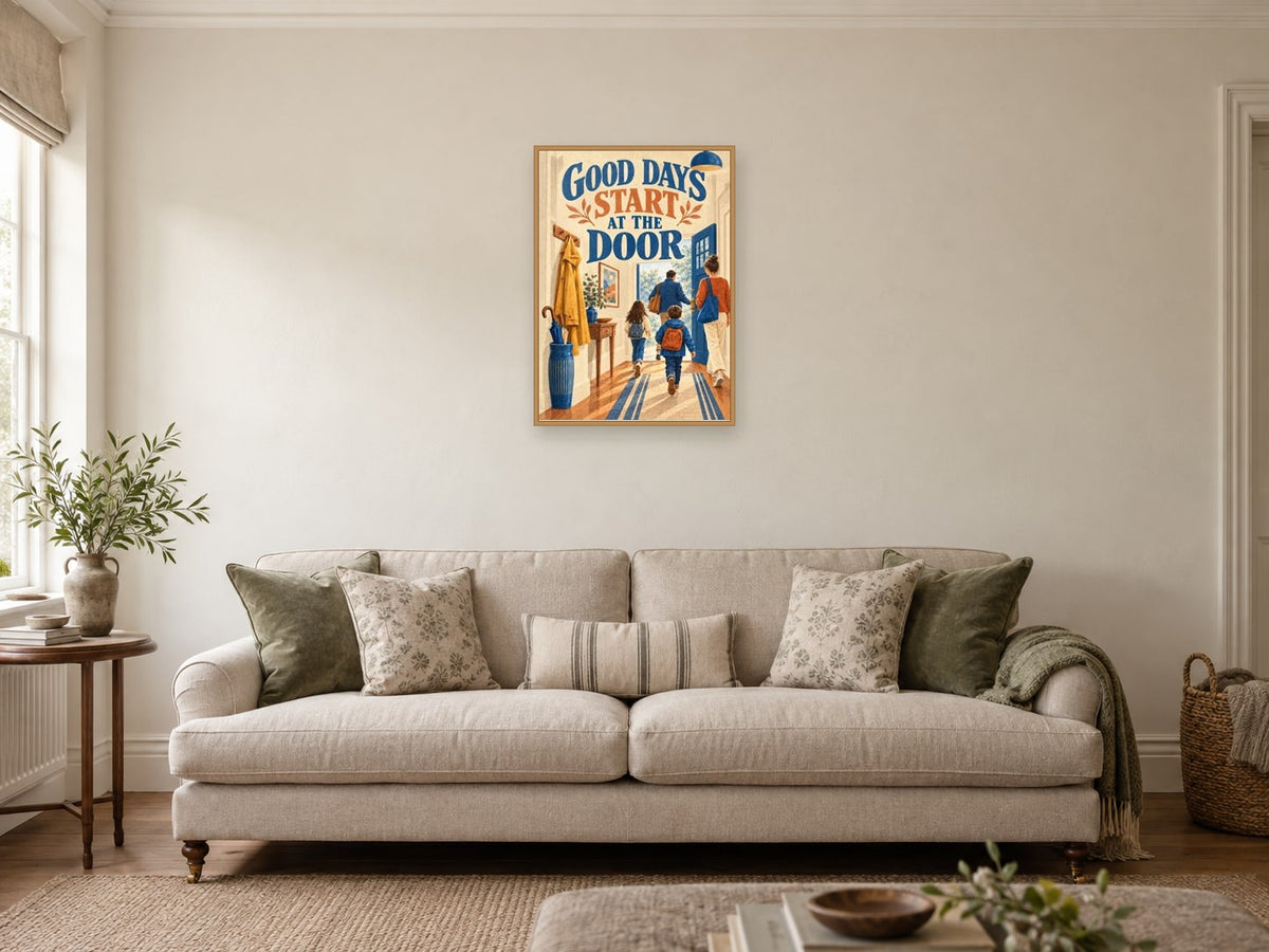 Good Days Start At The Door — A2 artwork shown in a room with a natural wood frame; select a framed finish to include a frame