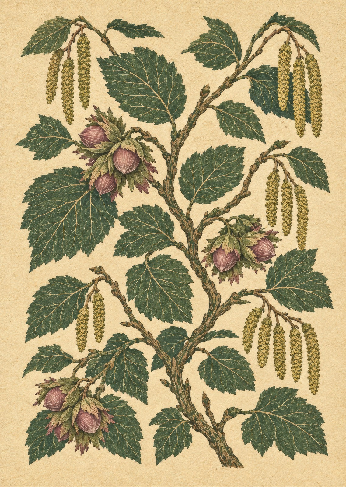 Hazel branches and acorns on a pale textured field — artwork detail