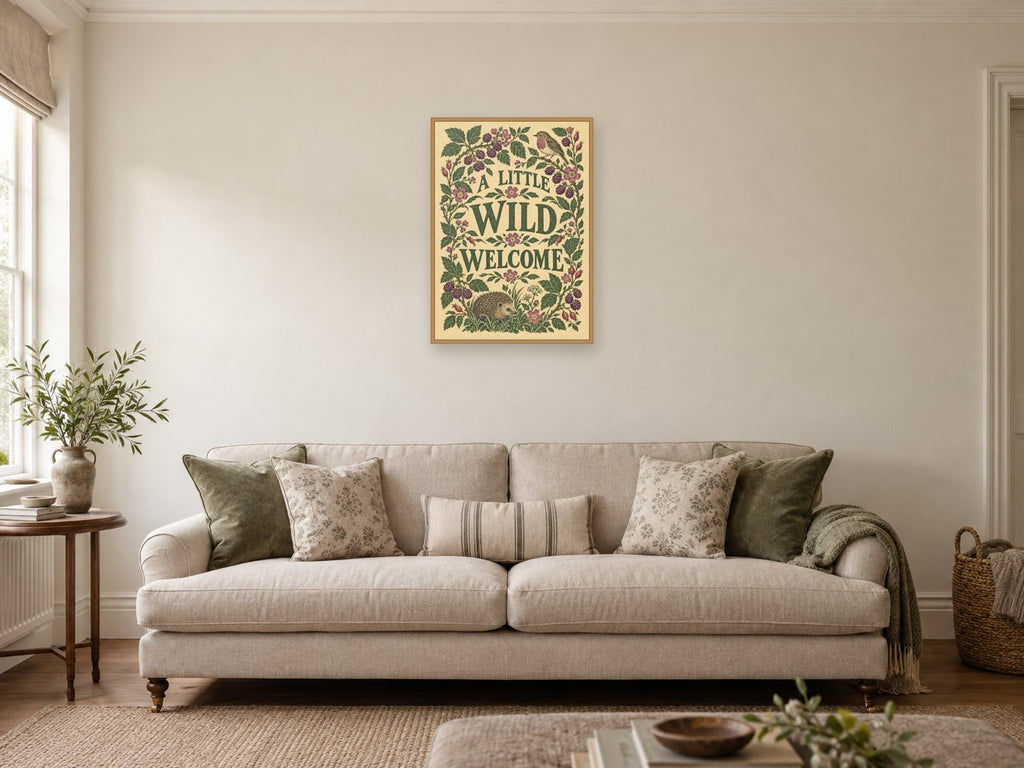 Little Wild Welcome — A2 artwork shown in a room with a natural wood frame; select a framed finish to include a frame