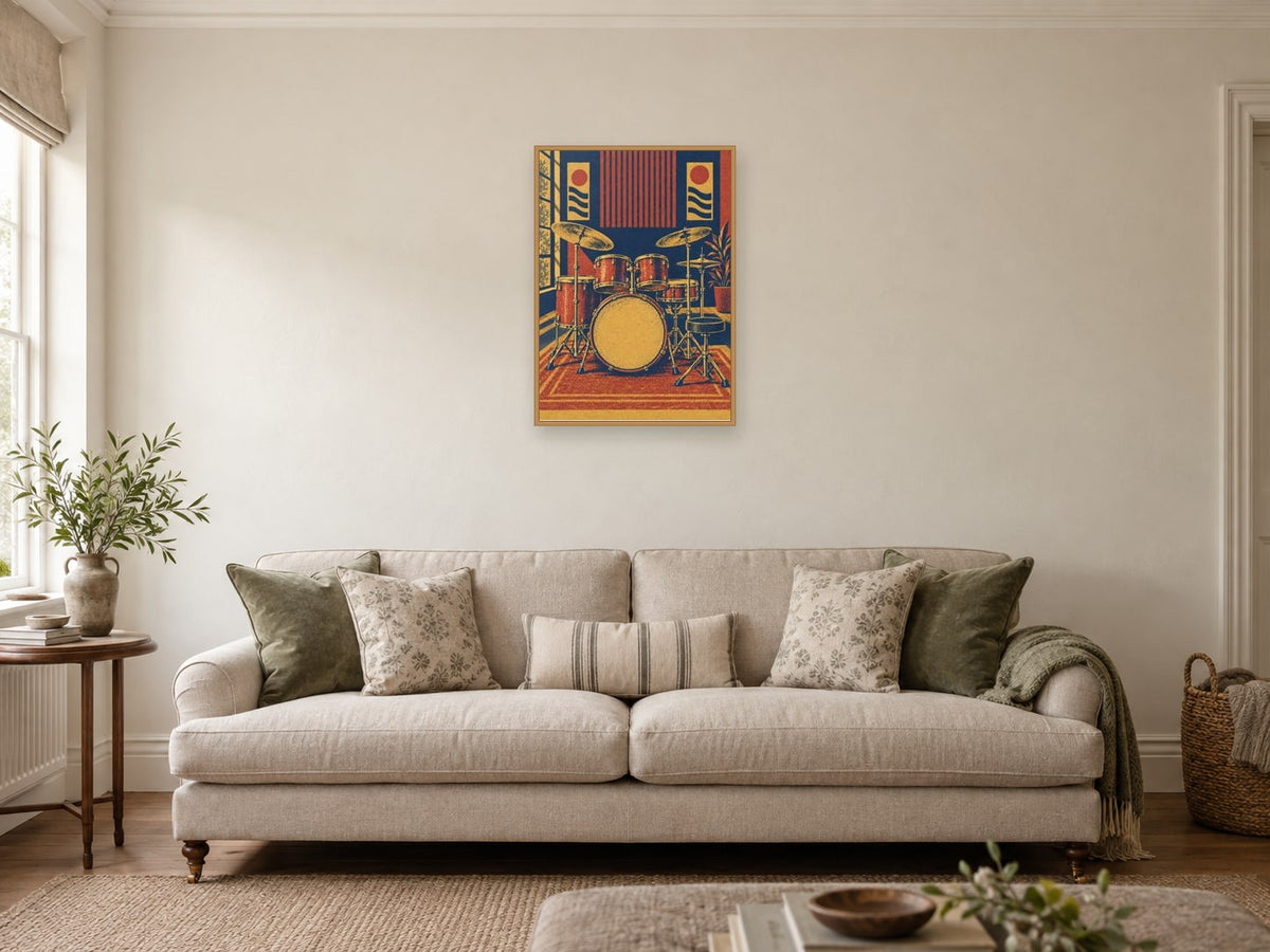 Cymbal and drum shapes — A2 artwork shown in a room with a natural wood frame; select a framed finish to include a frame