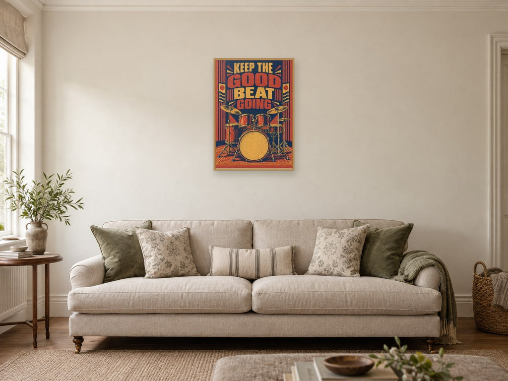 Keep The Good Beat Going — A2 artwork shown in a room with a natural wood frame; select a framed finish to include a frame