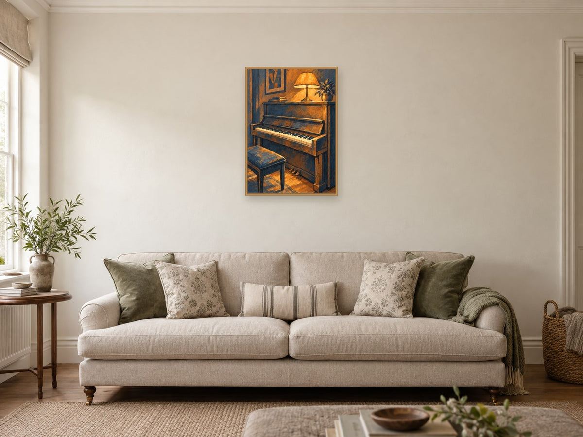 Unbranded upright piano — A2 artwork shown in a room with a natural wood frame; select a framed finish to include a frame