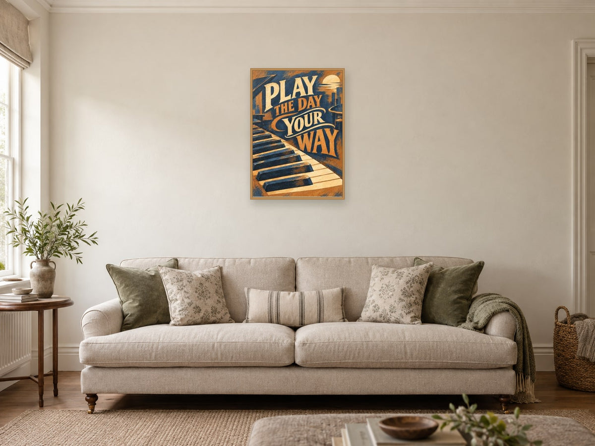 Play The Day Your Way — A2 artwork shown in a room with a natural wood frame; select a framed finish to include a frame