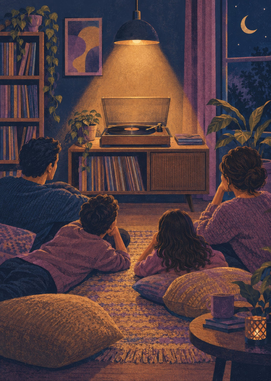 Unbranded record player under a warm spotlight — artwork detail