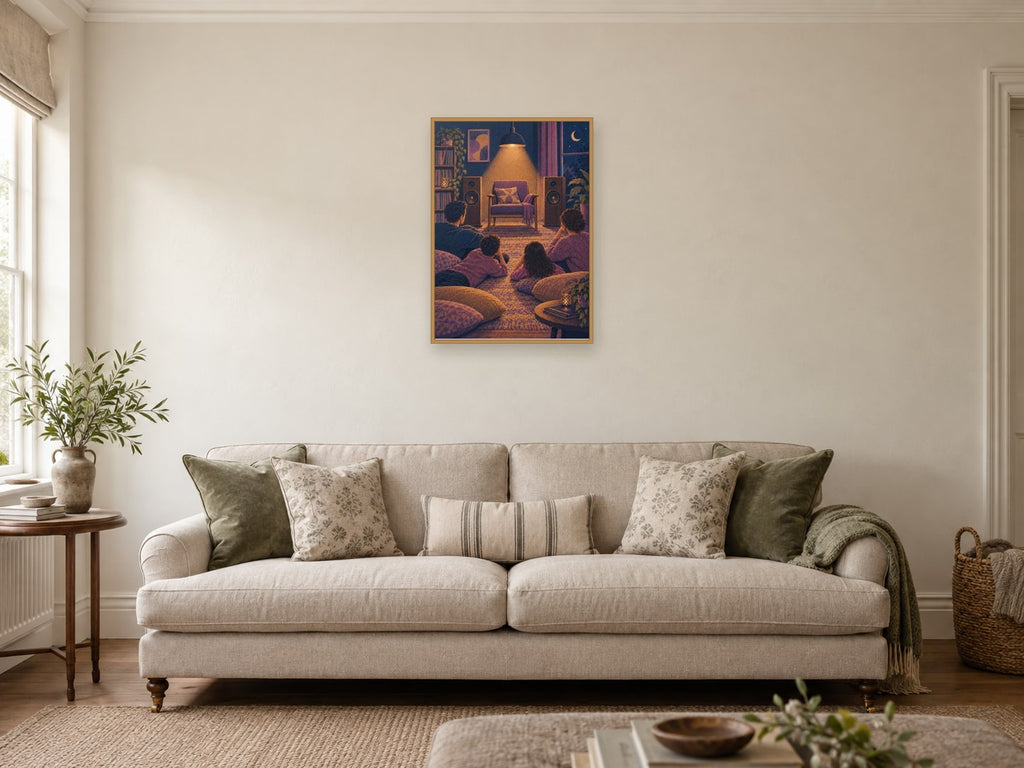 Two speakers — A2 artwork shown in a room with a natural wood frame; select a framed finish to include a frame
