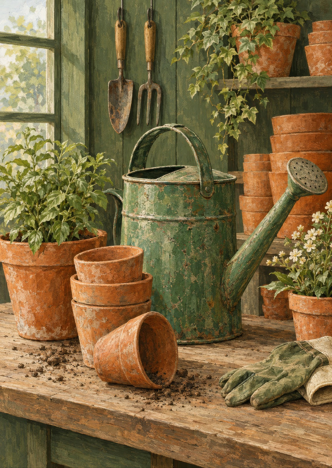 Terracotta pots and a weathered green watering can — artwork detail