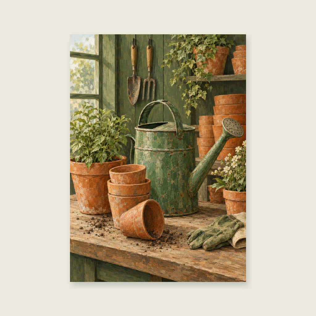Terracotta pots and a weathered green watering can — Detailed painted still life utility room art print
