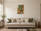 Terracotta pots and a weathered green watering can — A2 artwork shown in a room with a natural wood frame; select a framed finish to include a frame