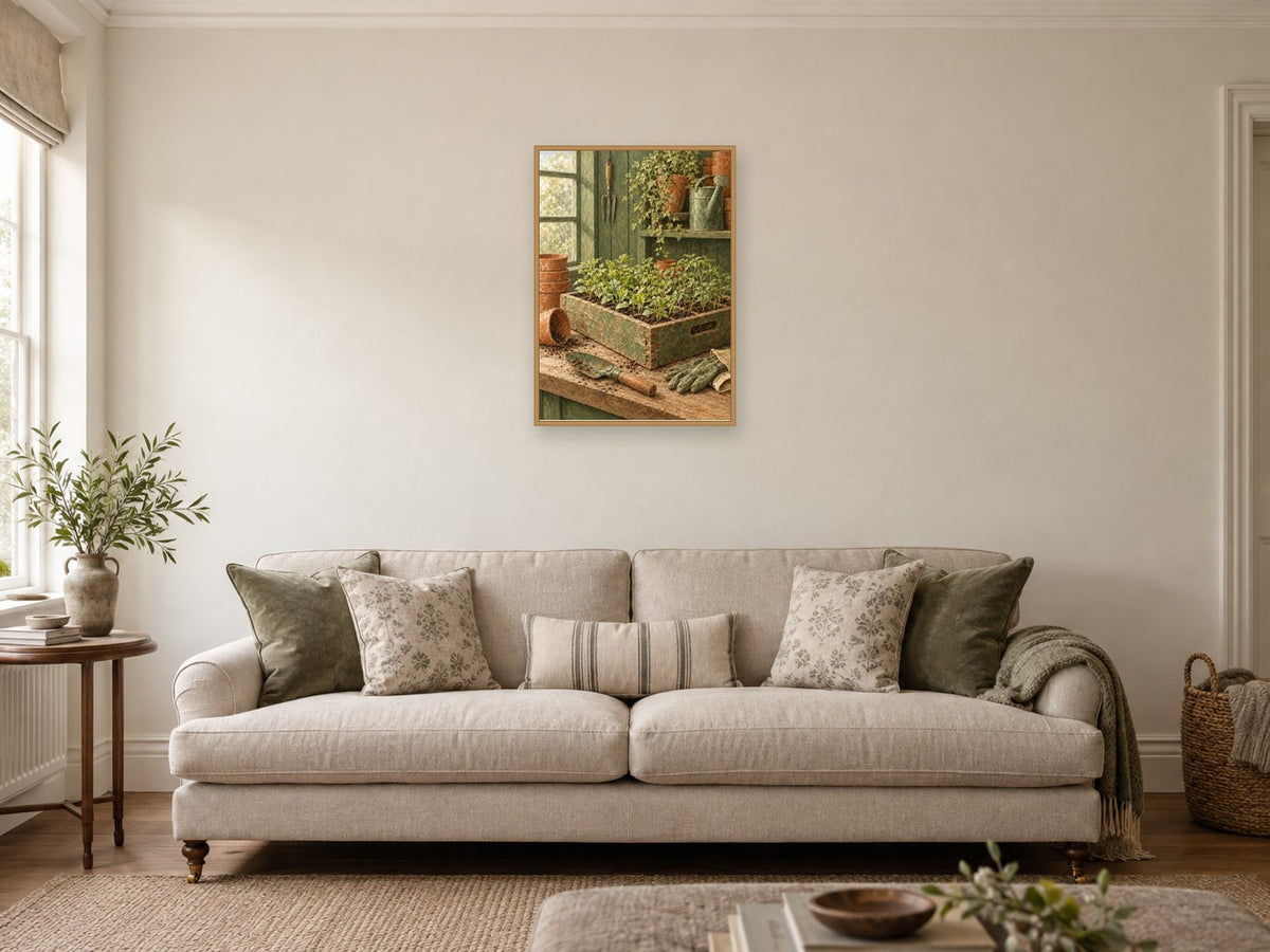 Wooden seed tray — A2 artwork shown in a room with a natural wood frame; select a framed finish to include a frame