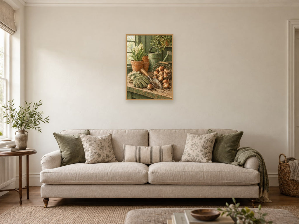 Gardening gloves — A2 artwork shown in a room with a natural wood frame; select a framed finish to include a frame