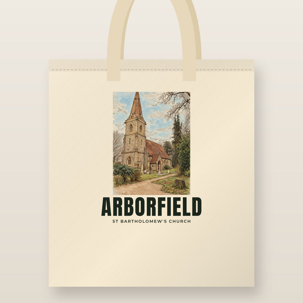 St Bartholomew's Church, Arborfield Tote Bag: natural cotton tote printed with our drawing of St Bartholomew's Church and the name ARBORFIELD