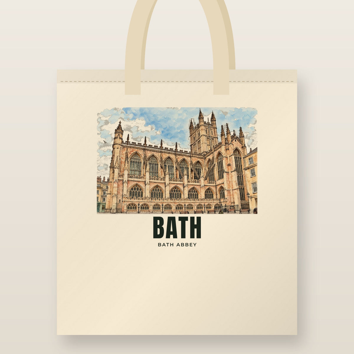 Bath Abbey Tote Bag: natural cotton tote printed with our drawing of Bath Abbey and the name BATH