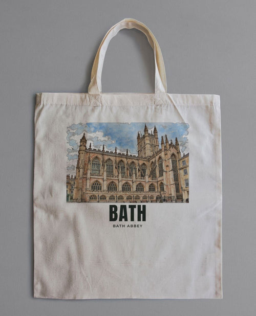 Bath Abbey Tote Bag laid flat: natural cotton tote printed with our drawing of Bath Abbey