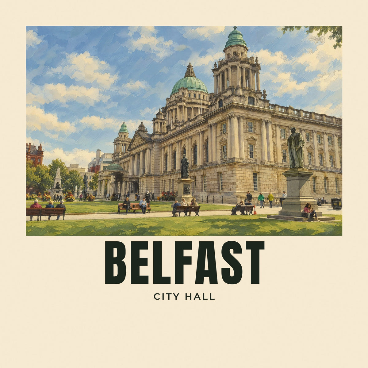 The printed design on the City Hall, Belfast tote, close up