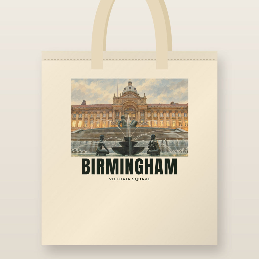 Victoria Square, Birmingham Tote Bag: natural cotton tote printed with our drawing of Victoria Square and the name BIRMINGHAM
