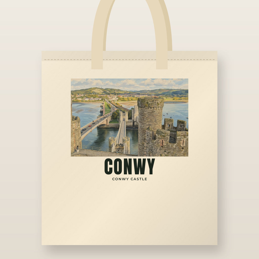 Conwy Castle Tote Bag: natural cotton tote printed with our drawing of Conwy Castle and the name CONWY