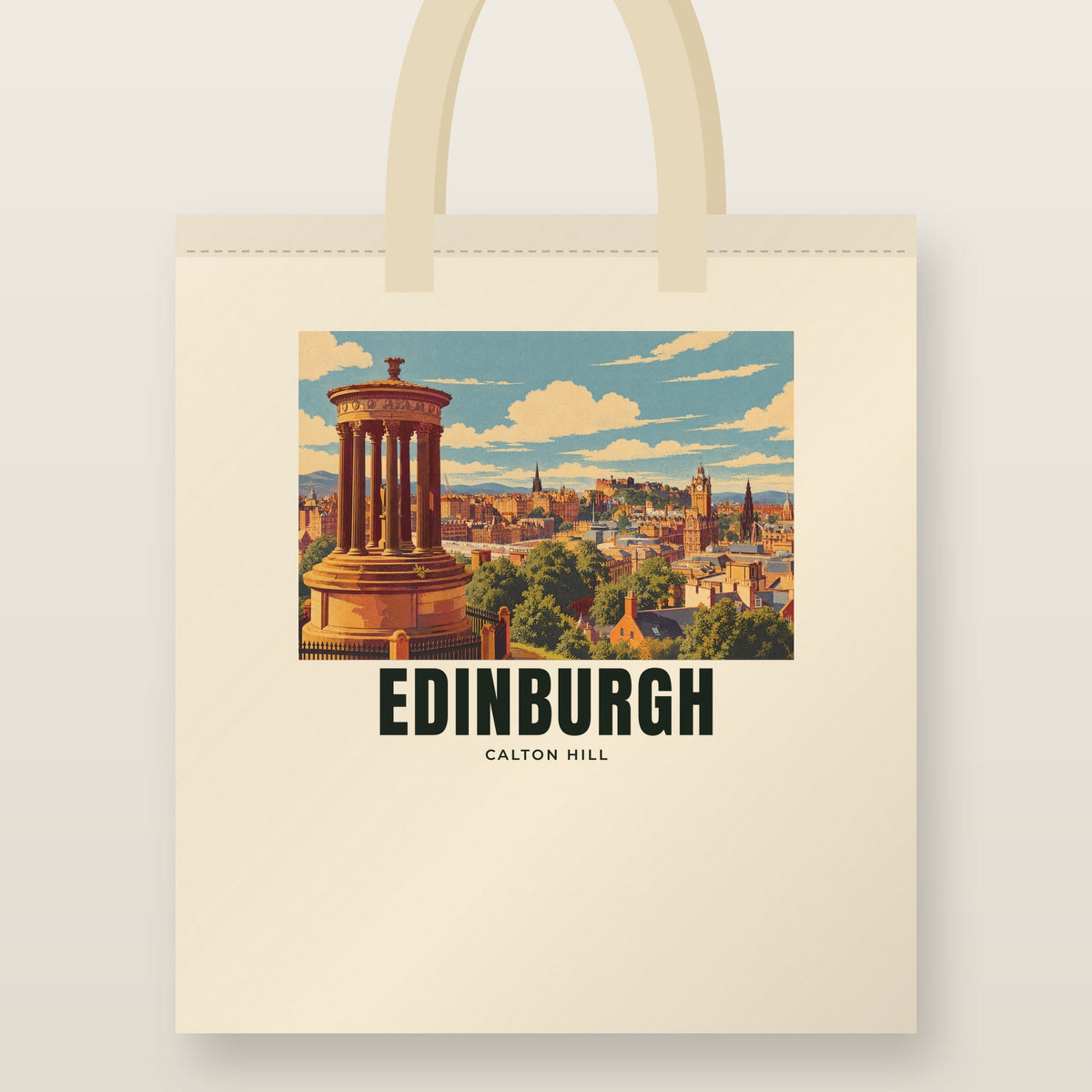 Calton Hill, Edinburgh Tote Bag: natural cotton tote printed with our drawing of Calton Hill and the name EDINBURGH