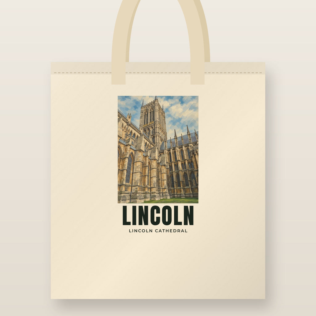 Lincoln Cathedral Tote Bag: natural cotton tote printed with our drawing of Lincoln Cathedral and the name LINCOLN