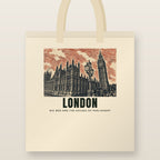 Big Ben and the Houses of Parliament, London Tote Bag: natural cotton tote printed with our drawing of Big Ben and the Houses of Parliament and the name LONDON