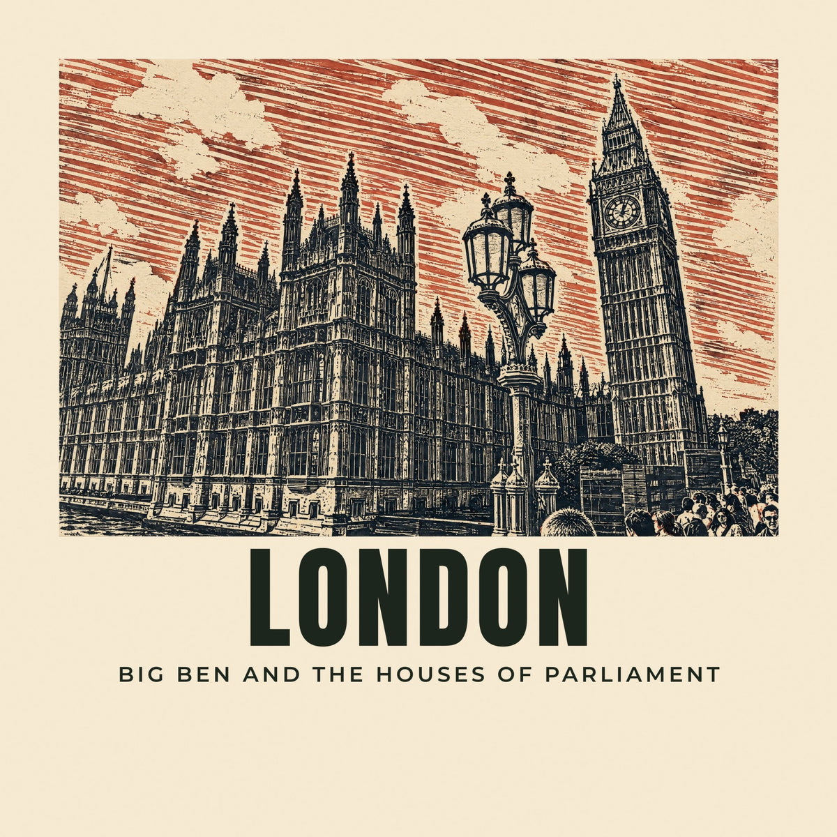 The printed design on the Big Ben and the Houses of Parliament, London tote, close up