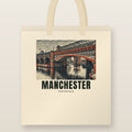 Castlefield, Manchester Tote Bag: natural cotton tote printed with our drawing of Castlefield and the name MANCHESTER