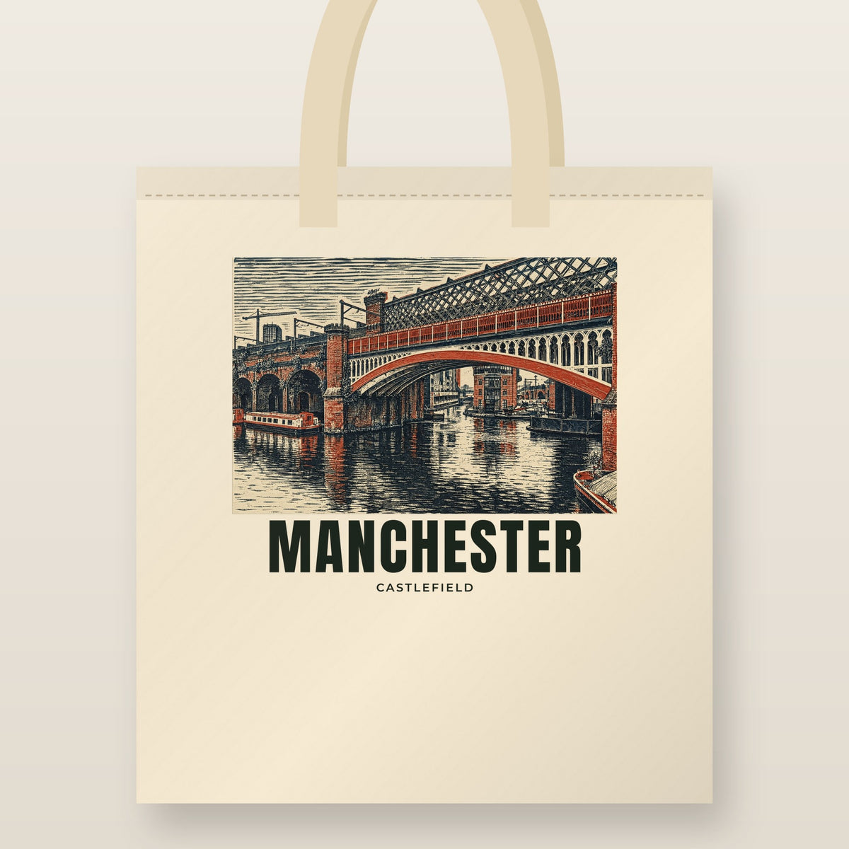 Castlefield, Manchester Tote Bag: natural cotton tote printed with our drawing of Castlefield and the name MANCHESTER