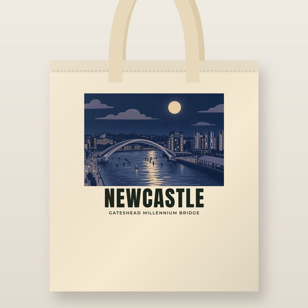 Gateshead Millennium Bridge, Newcastle Tote Bag: natural cotton tote printed with our drawing of Gateshead Millennium Bridge and the name NEWCASTLE