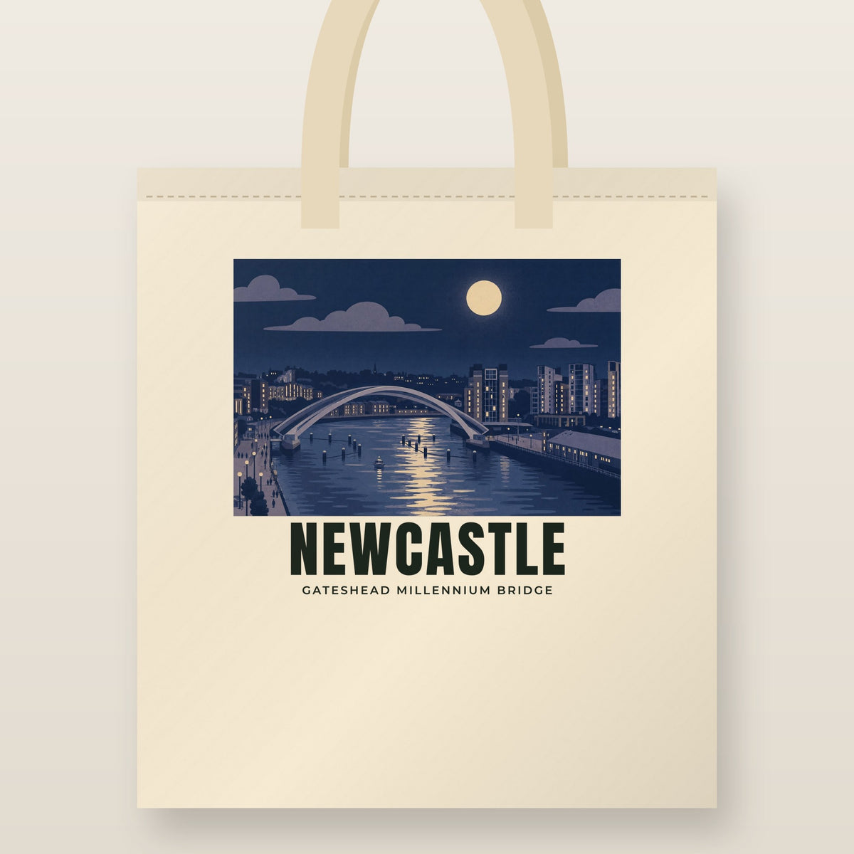 Gateshead Millennium Bridge, Newcastle Tote Bag: natural cotton tote printed with our drawing of Gateshead Millennium Bridge and the name NEWCASTLE