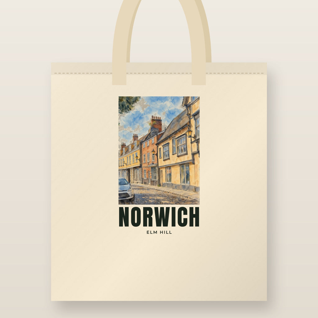 Elm Hill, Norwich Tote Bag: natural cotton tote printed with our drawing of Elm Hill and the name NORWICH