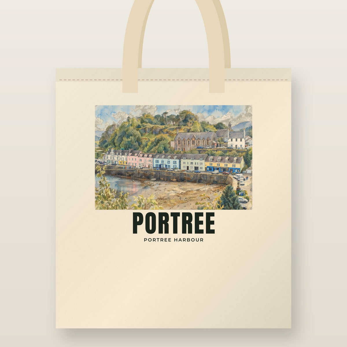 Portree Harbour Tote Bag: natural cotton tote printed with our drawing of Portree Harbour and the name PORTREE