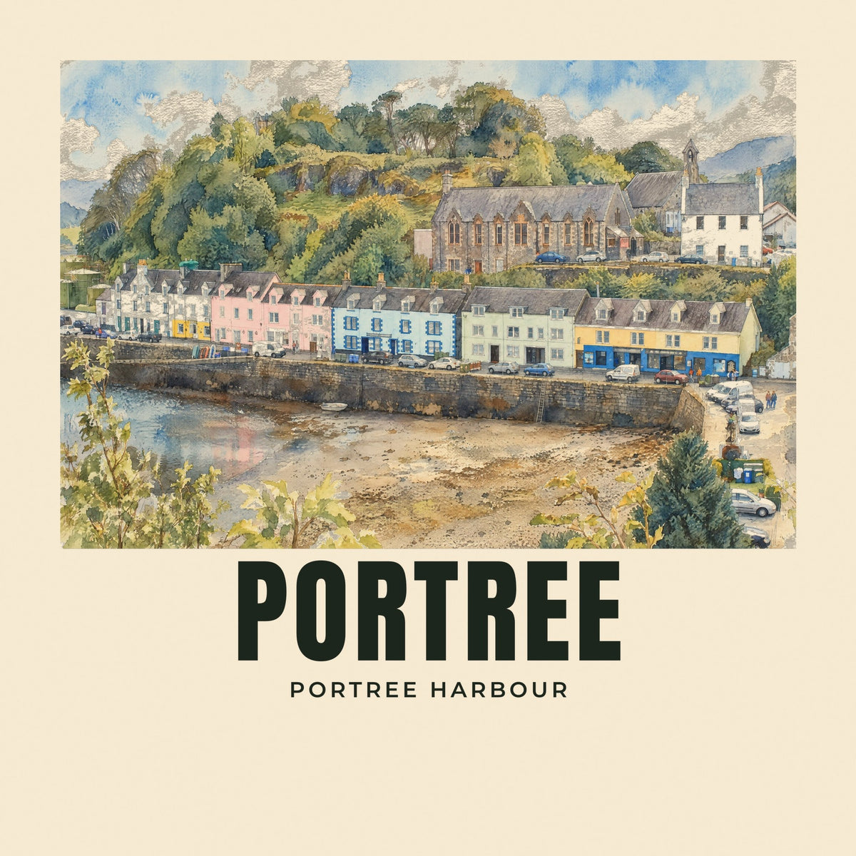 The printed design on the Portree Harbour tote, close up
