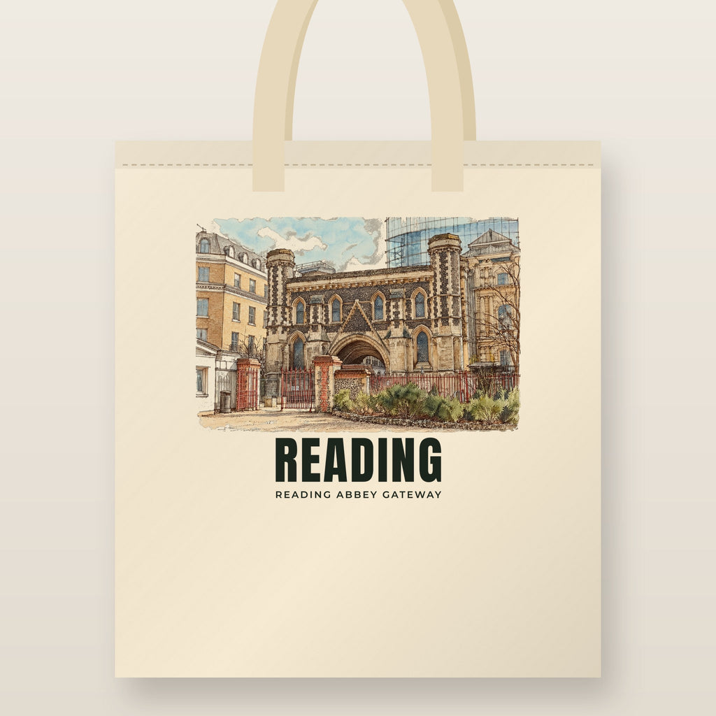 Reading Abbey Gateway Tote Bag: natural cotton tote printed with our drawing of Reading Abbey Gateway and the name READING