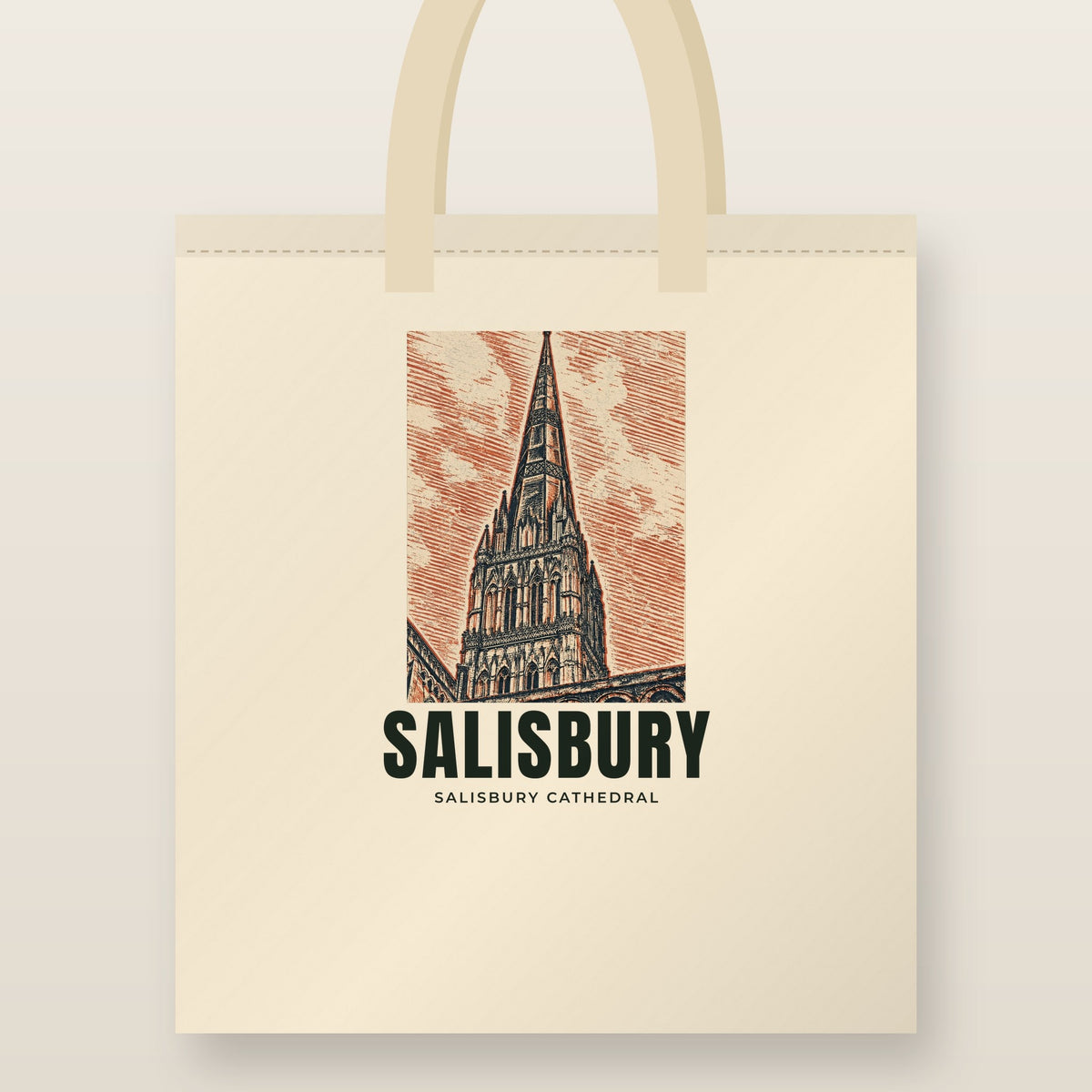 Salisbury Cathedral Tote Bag: natural cotton tote printed with our drawing of Salisbury Cathedral and the name SALISBURY