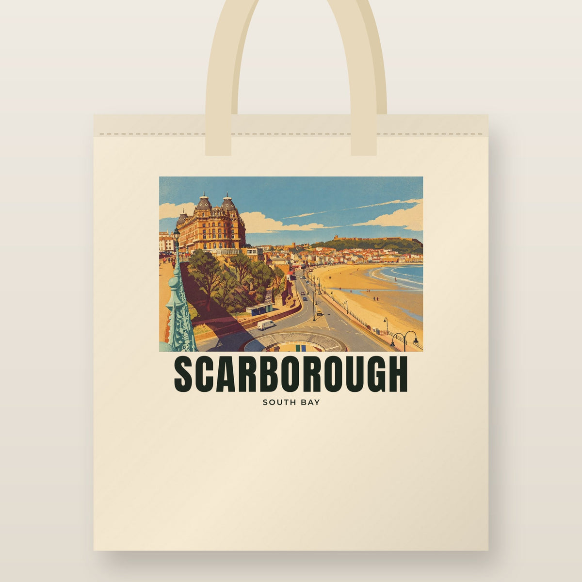 South Bay, Scarborough Tote Bag: natural cotton tote printed with our drawing of South Bay and the name SCARBOROUGH