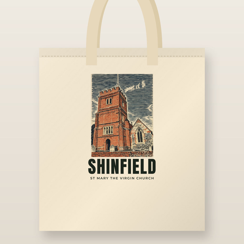 St Mary the Virgin Church, Shinfield Tote Bag: natural cotton tote printed with our drawing of St Mary the Virgin Church and the name SHINFIELD