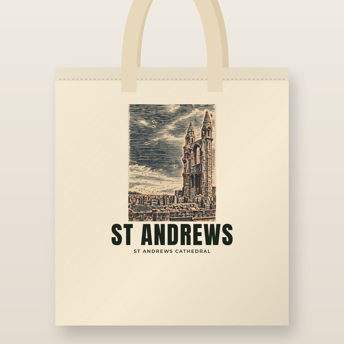 St Andrews Cathedral Tote Bag: natural cotton tote printed with our drawing of St Andrews Cathedral and the name ST ANDREWS