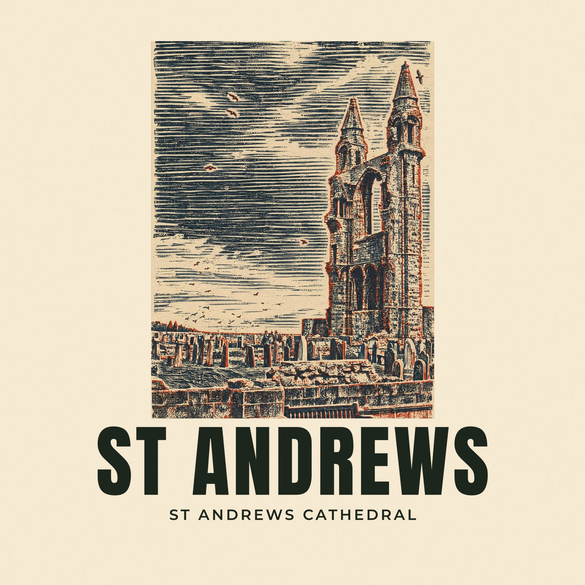 The printed design on the St Andrews Cathedral tote, close up