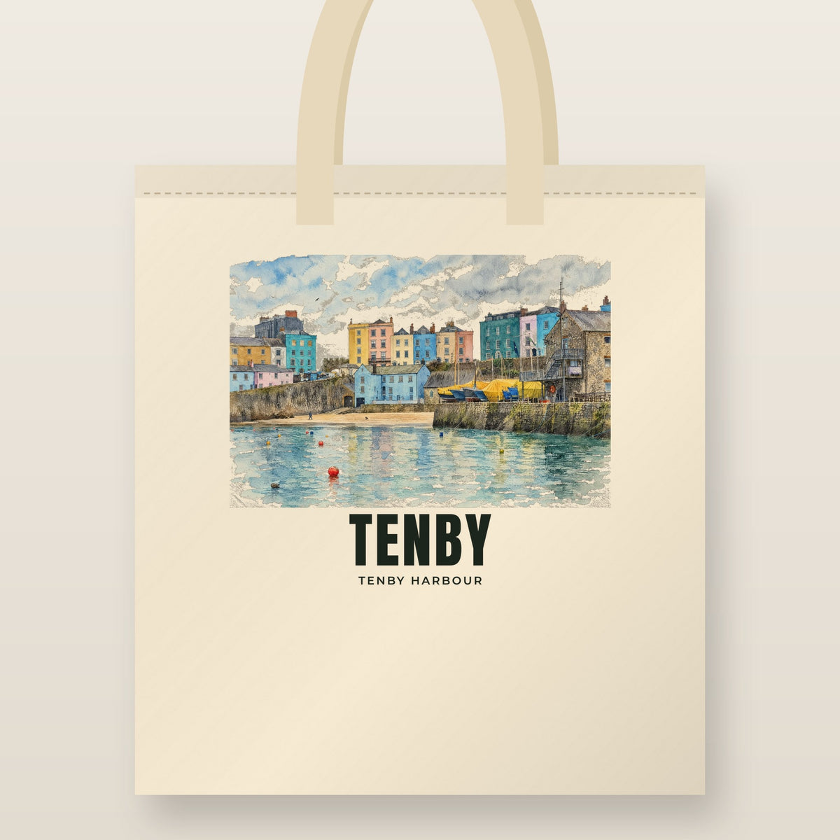 Tenby Harbour Tote Bag: natural cotton tote printed with our drawing of Tenby Harbour and the name TENBY