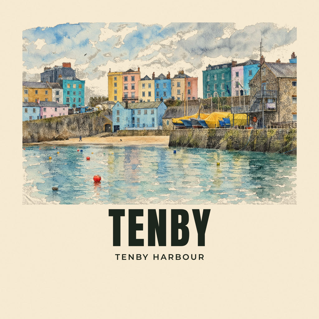 The printed design on the Tenby Harbour tote, close up