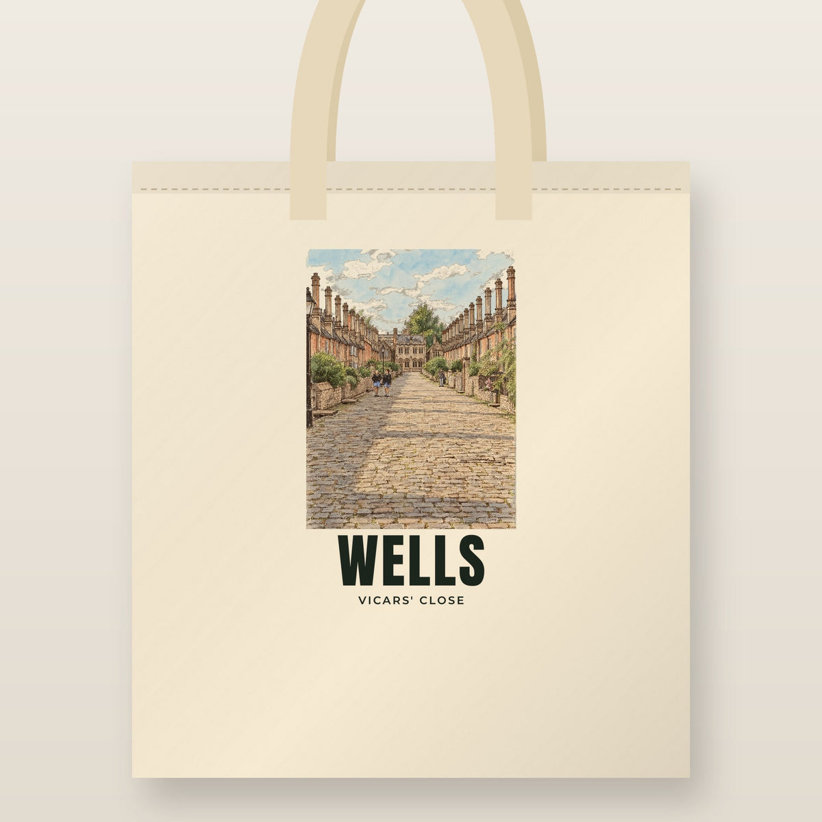 Vicars' Close, Wells Tote Bag: natural cotton tote printed with our drawing of Vicars' Close and the name WELLS